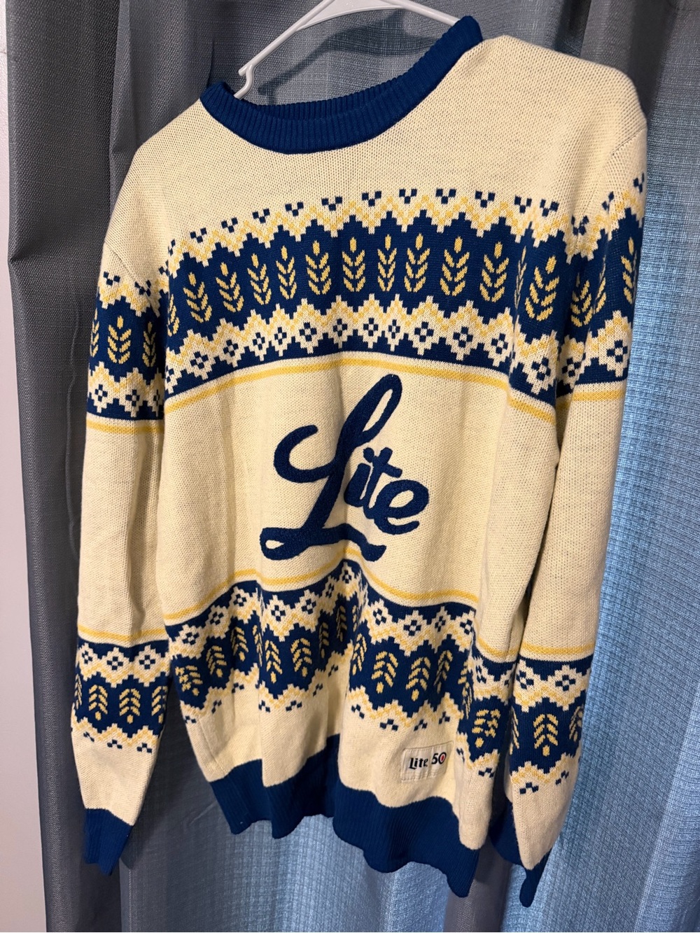 Cream & Navy Patterned Crewneck Sweater with Script Logo
